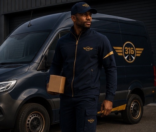 316Courier driver carrying a parcel from the delivery van
